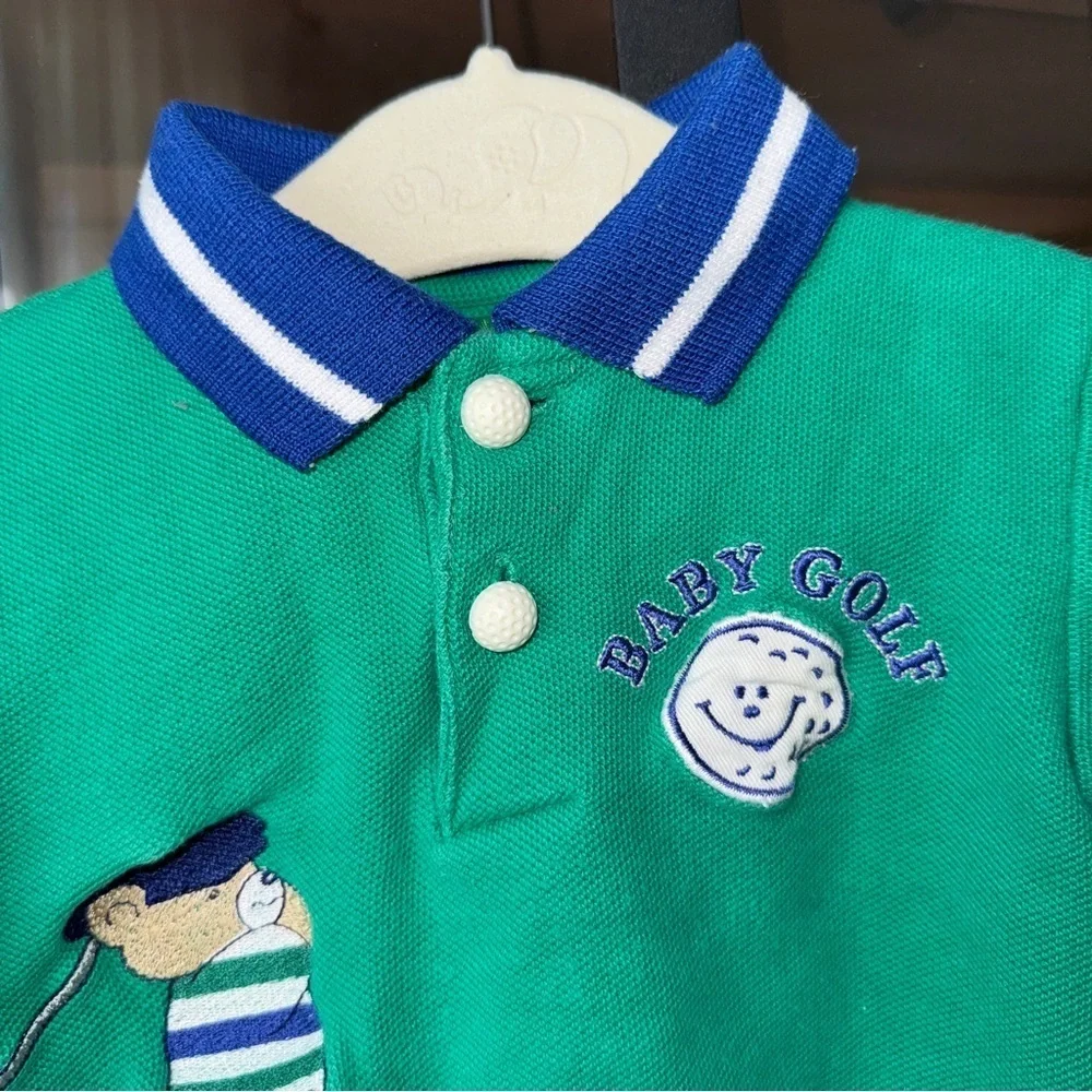 Vintage Baby Golf teddy bear embroidered polo onesie boys kelly short sleeve